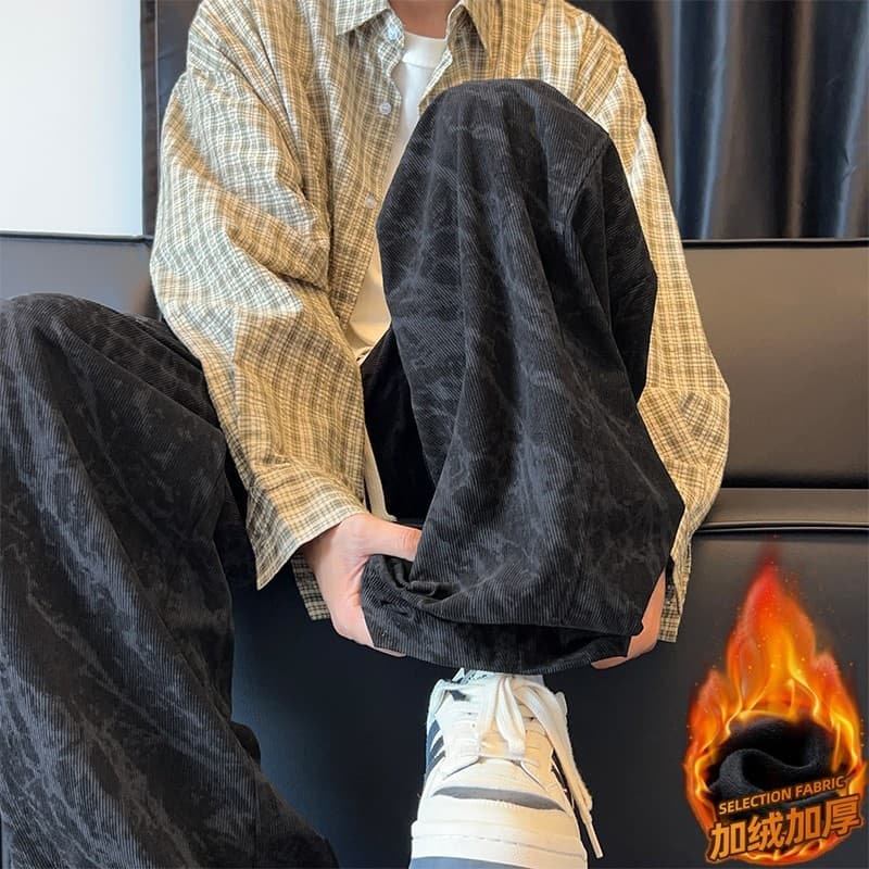 American Street Wear Calças Masculinas Primavera Outono Forro de Lã Engrossado Solto Reto Esportes Calças Casuais de Per