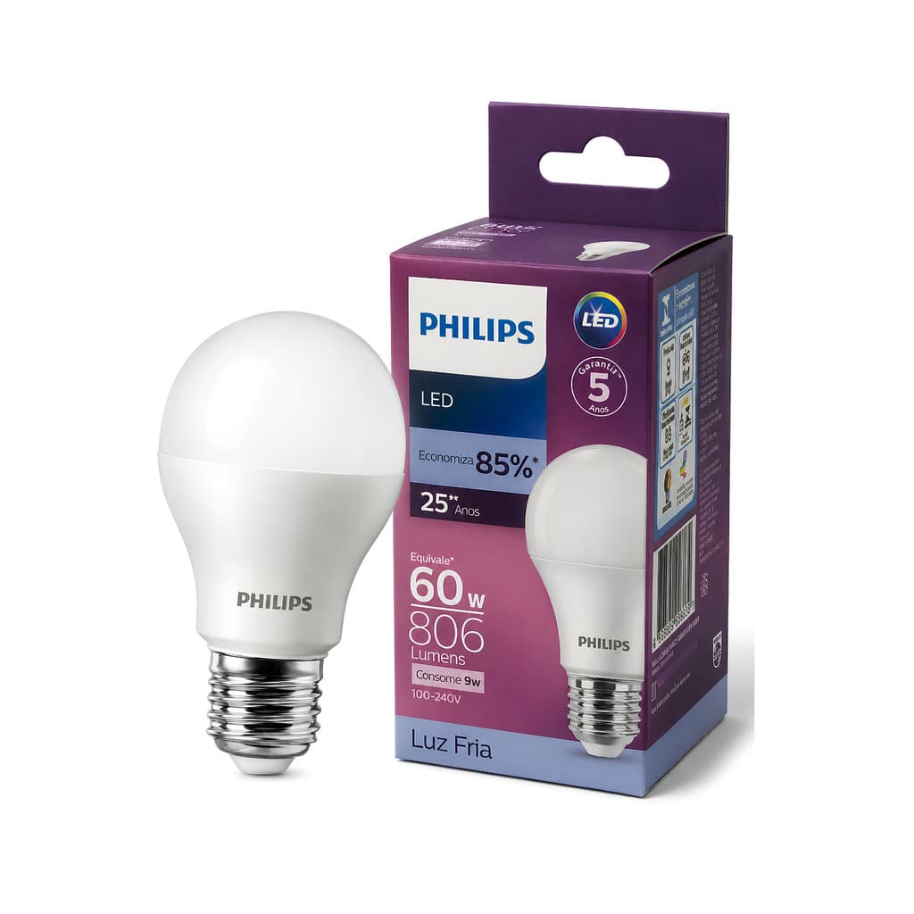 Lâmpada Philips Led Bulbo 9W Bivolt E27 6500K 806LM (Escolha a Cor)