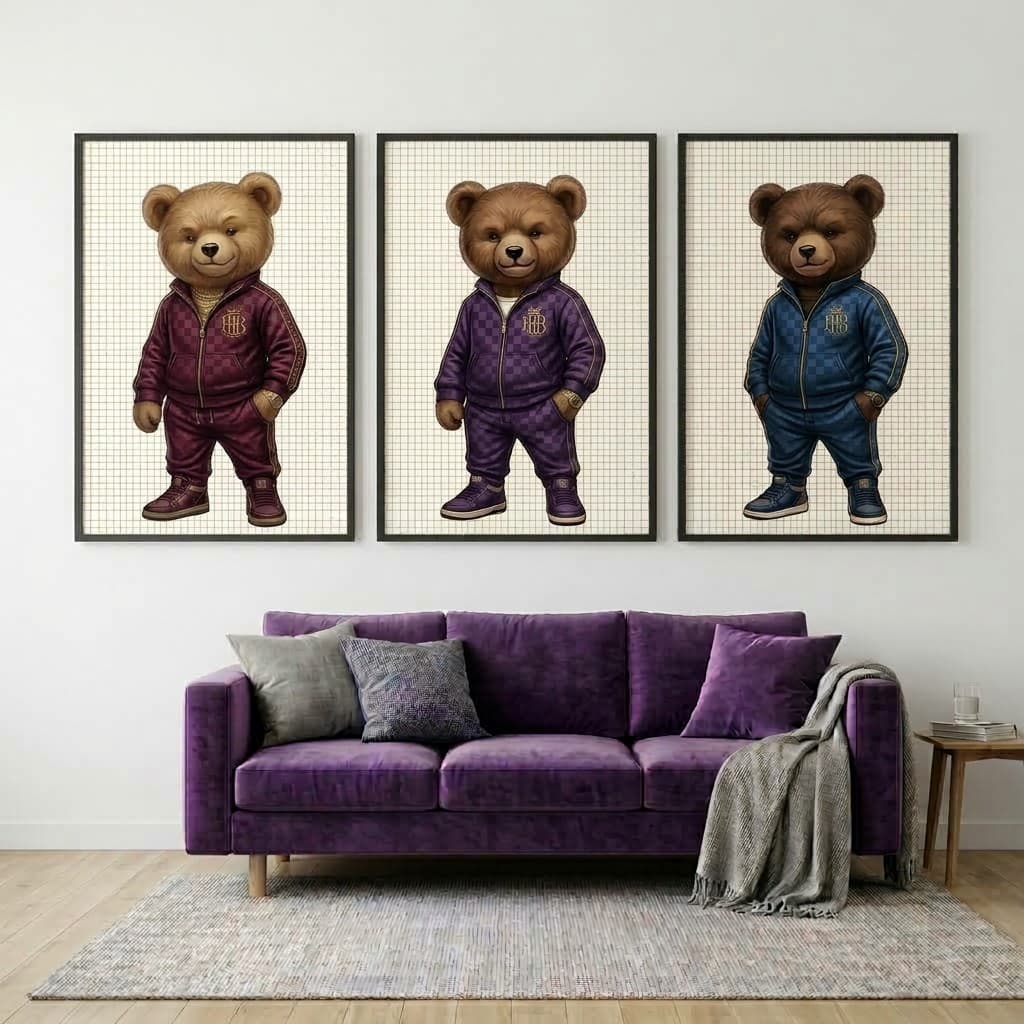 Kit 3 Quadros Decorativos Urso Chique Estilo Decoraçao para quarto sala e qualidade 4k de impressao