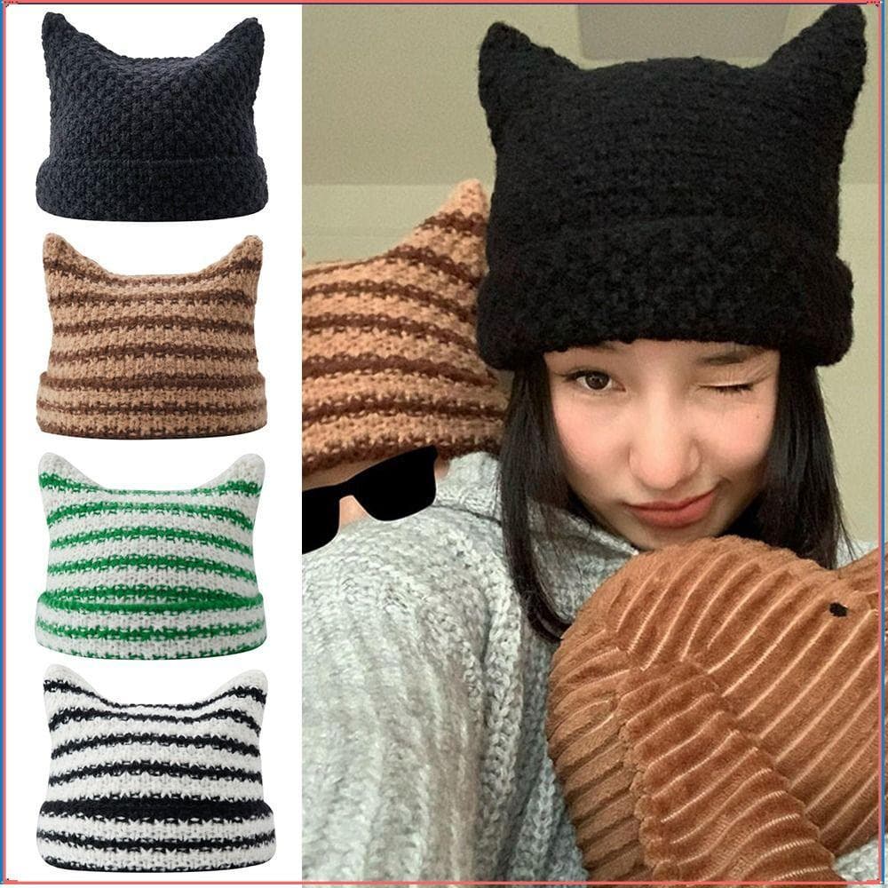 Chapéu Japonês Gorro Unissex Fofo Gato Orelhas Femininos Chapéus Outono Inverno Listrado