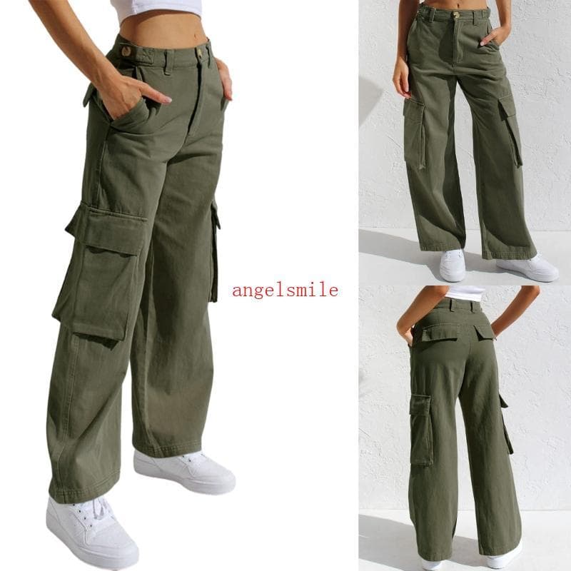 Calça Cargo Feminina Ace Com Perna Reta E Folgada , Bolso De Cintura Alta