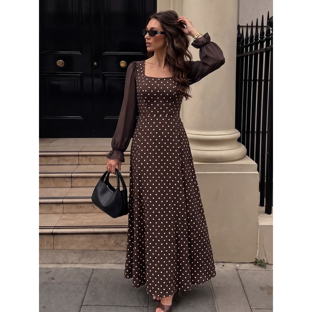 Vesido longo Feminino Outono E Inverno retro casual polka dot Saia Longa Com Gola Quadrada Cintura cinched vestido De ch