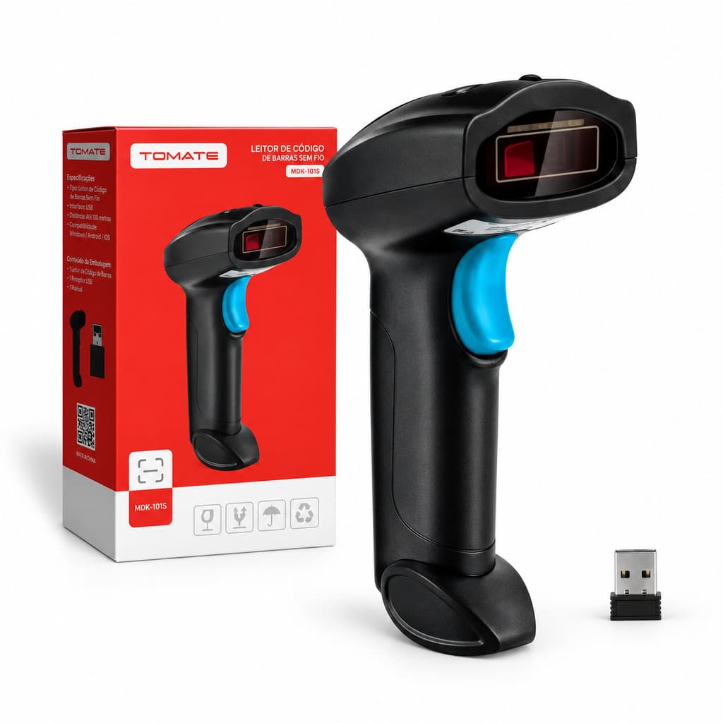 Leitor de Código de Barras 1D Sem Fio Tomate MDK-101S USB Recarregável para Loja e Estoque