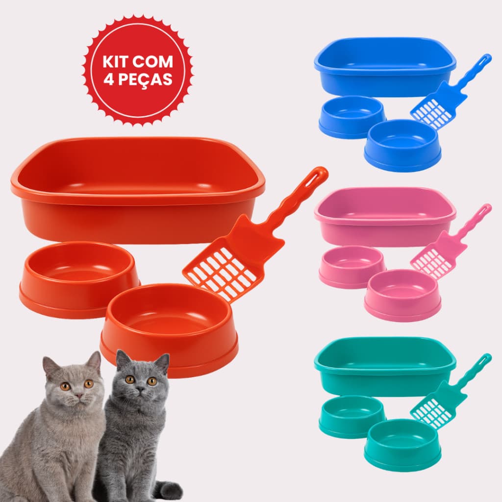Kit Banheiro para Gatos Completo 4 Peças – Caixa de Areia, Pá, Comedouro e Bebedouro