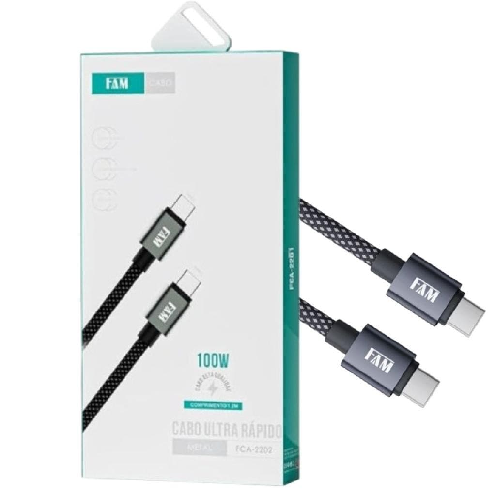 Cabo De Carregamento E Transferência De Dados USB Tipo C E USB Tipo C FAM FCA2202 1.2M Preto.