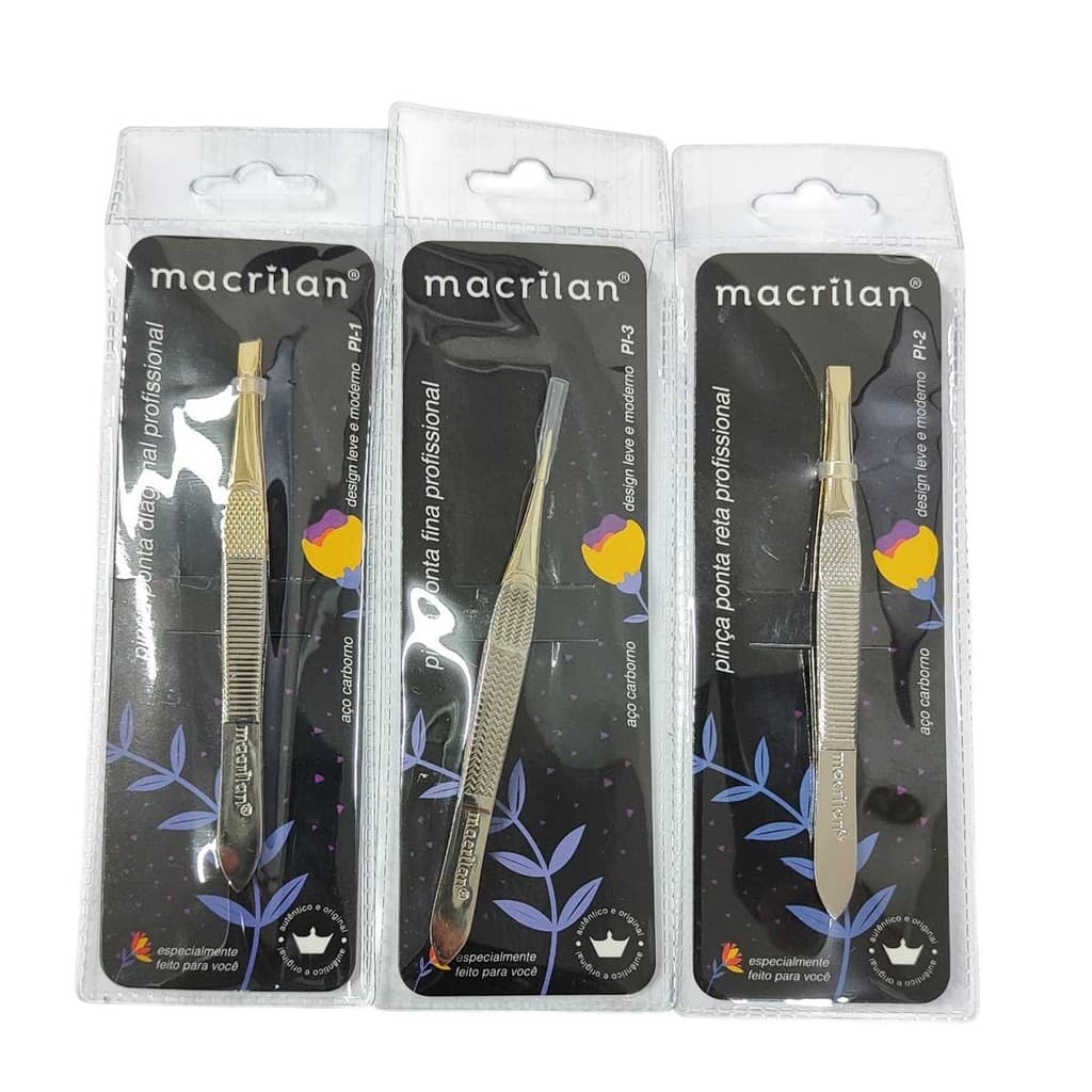 kit 3 Pinças Macrilan Para Designer Sobrancelha Profissional