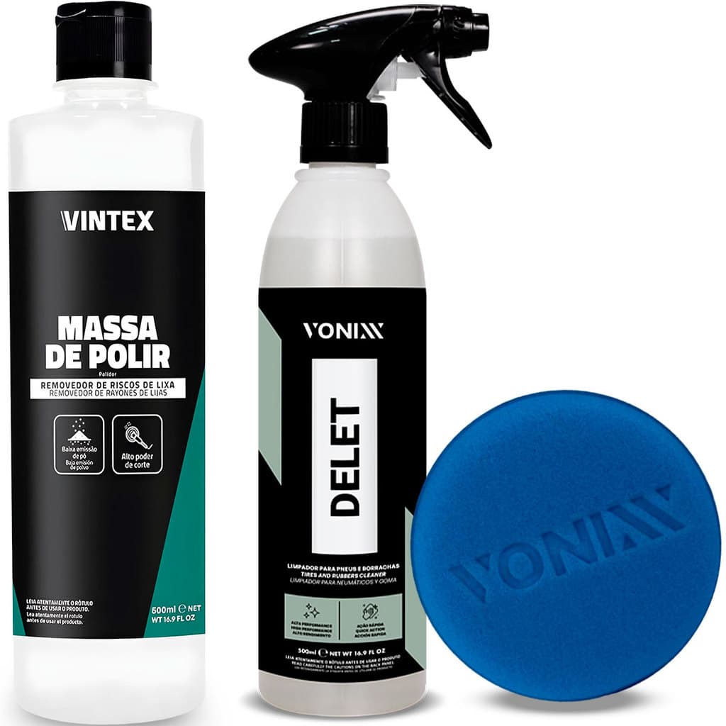 Kit Delet 500ml Vonixx e Massa de Polir 500ml Vintex Limpa Pneus e Polir