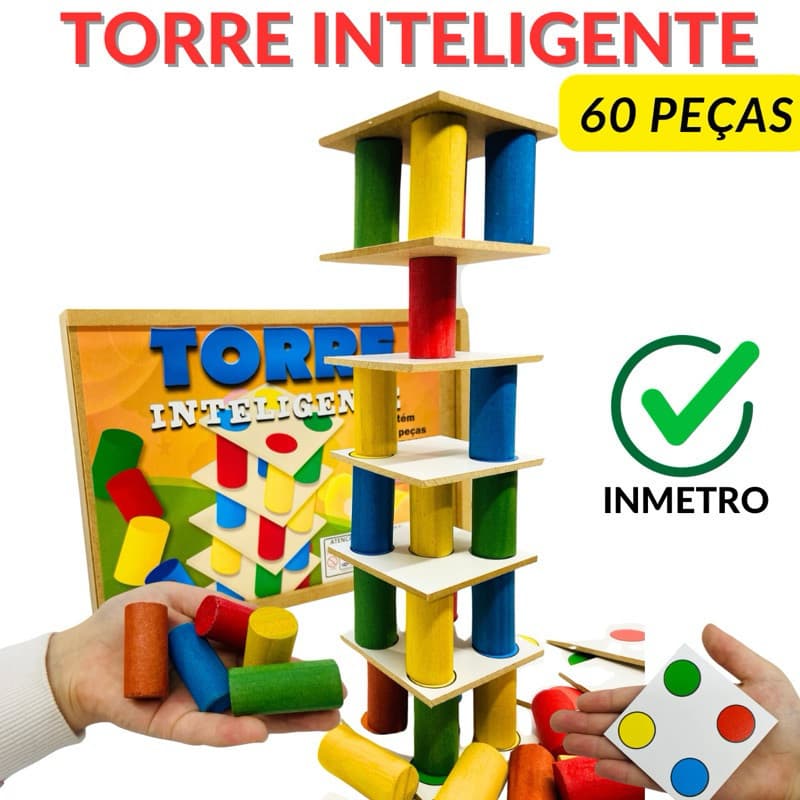 Jogo Torre Inteligente em Madeira Brinquedo Educativo Pedagógico 60 peças Coloridas em Madeira