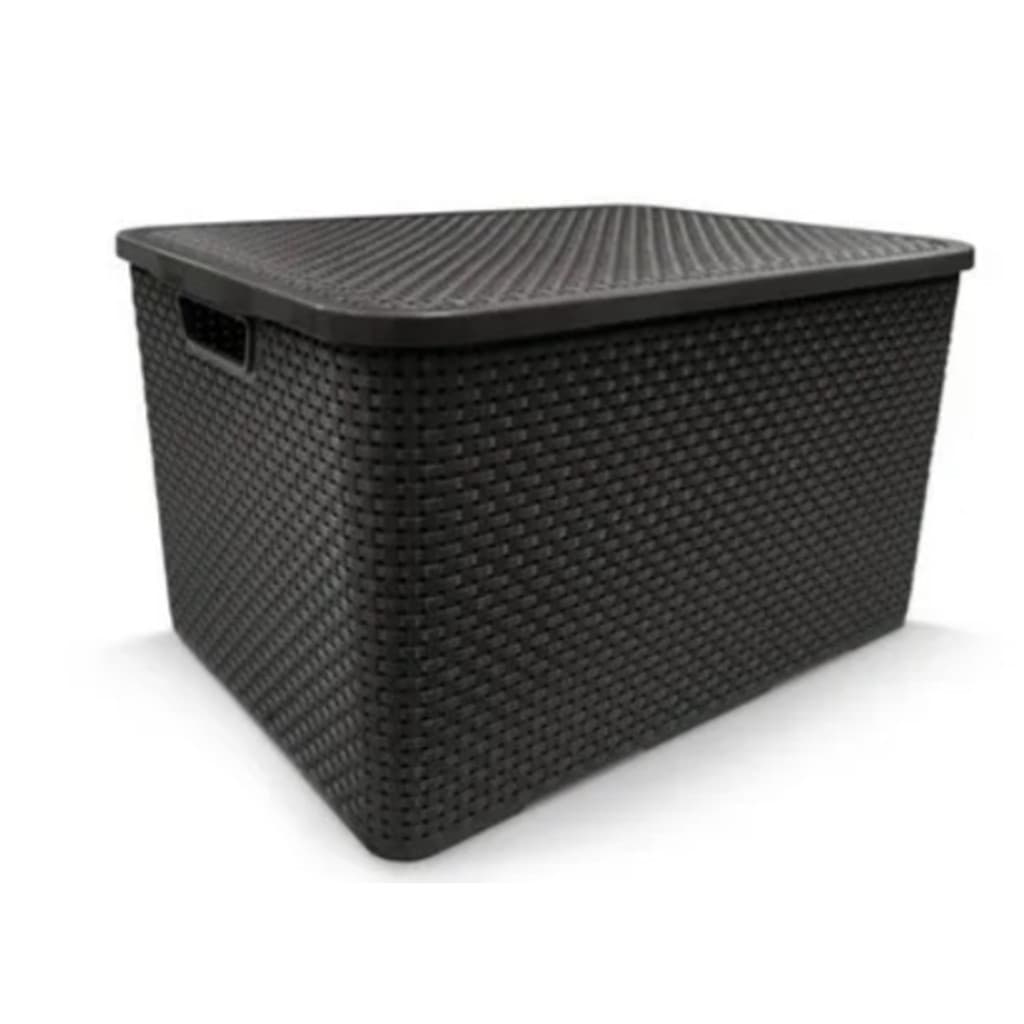 Caixa Organizadora Multiuso De Rattan Com Tampa Preto 40Litros Combo Com Tampa