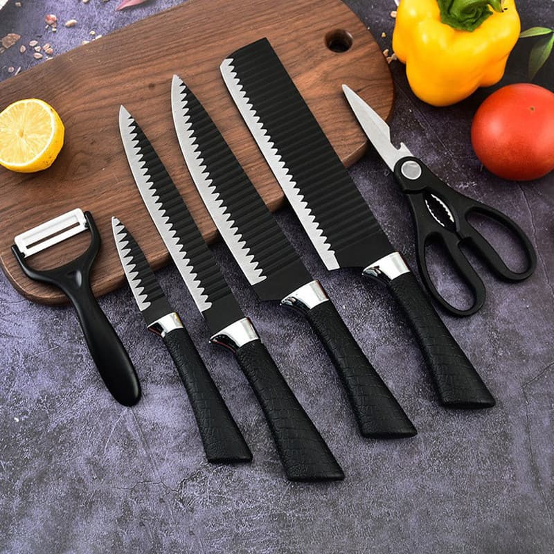 Conjunto de 6 peças: faca de carne profissional de aço carbono, cutelo de carne, faca de vegetais, preto, Original autên