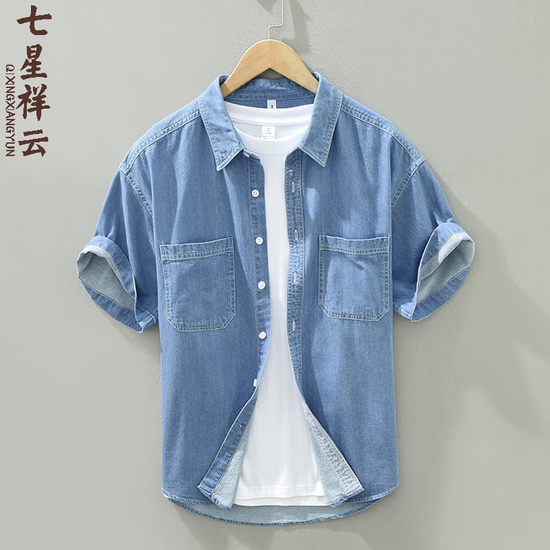 Verão masculino puro algodão Denim camisa de manga curta algodão meia manga camisa cor sólida verão solto Casual camisa