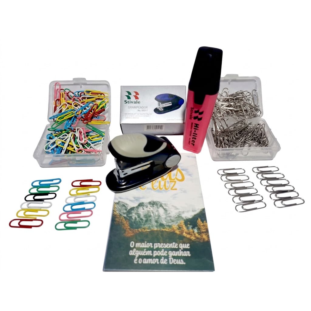 Kit para Escritório: 1 Grampeador Cinza ; 1Cx Clipes Color; 1 Cx.Clipes Prata ;Marca Texto Rosa ;Bloco de Anotações