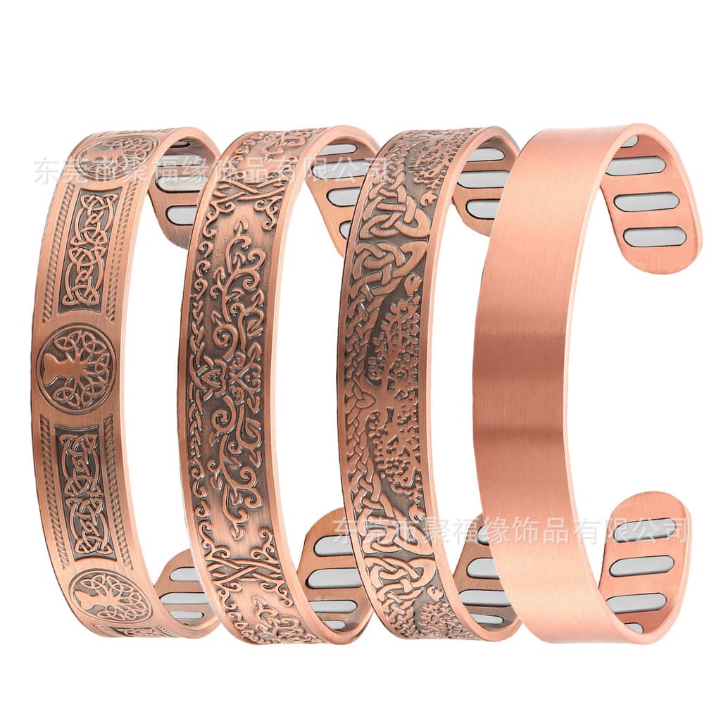 Pulseira magnética oval de cobre puro, elegante e resistente, com superfície lisa e design da árvore da vida, 8 ímãs.