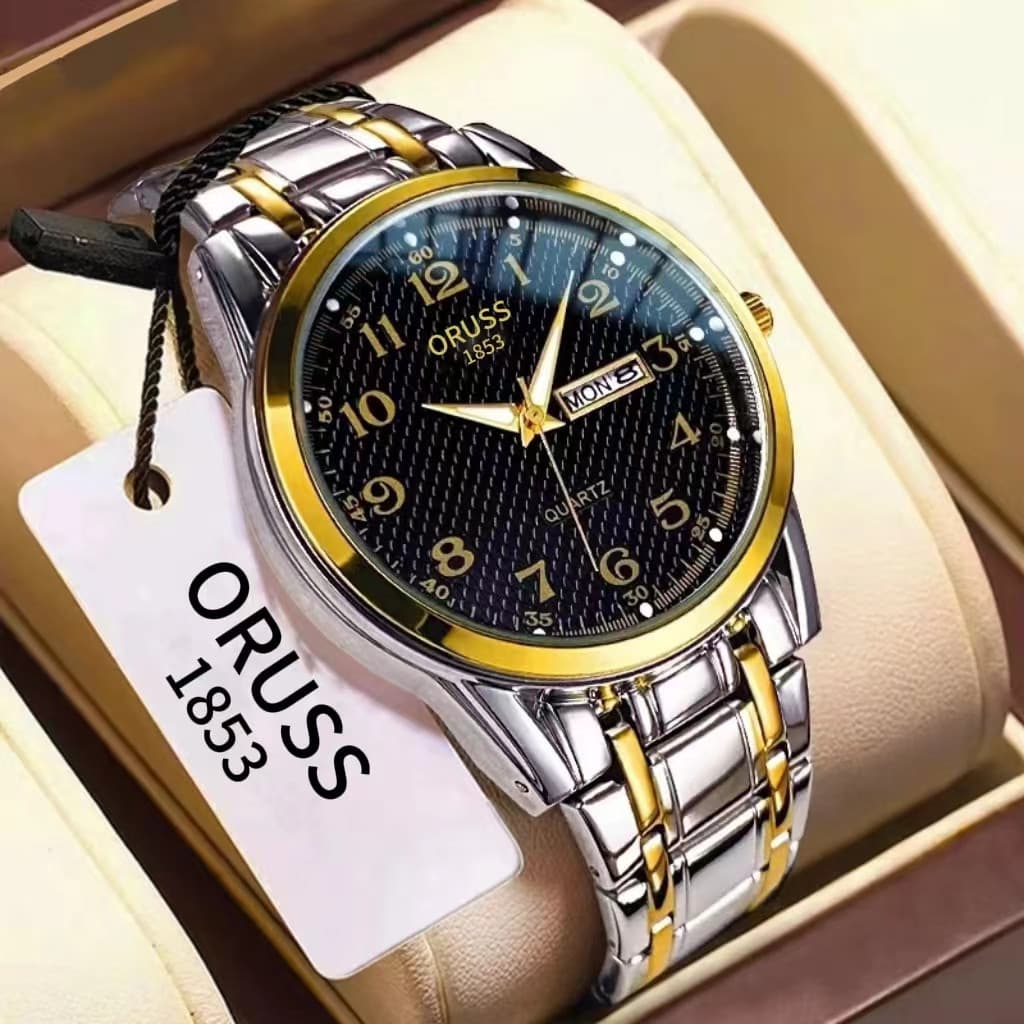 ORUSS Calendário Duplo Original de Aço Inoxidável Calendário Duplo à prova d'água Relógio Luminoso Masculino Luxo Ouro