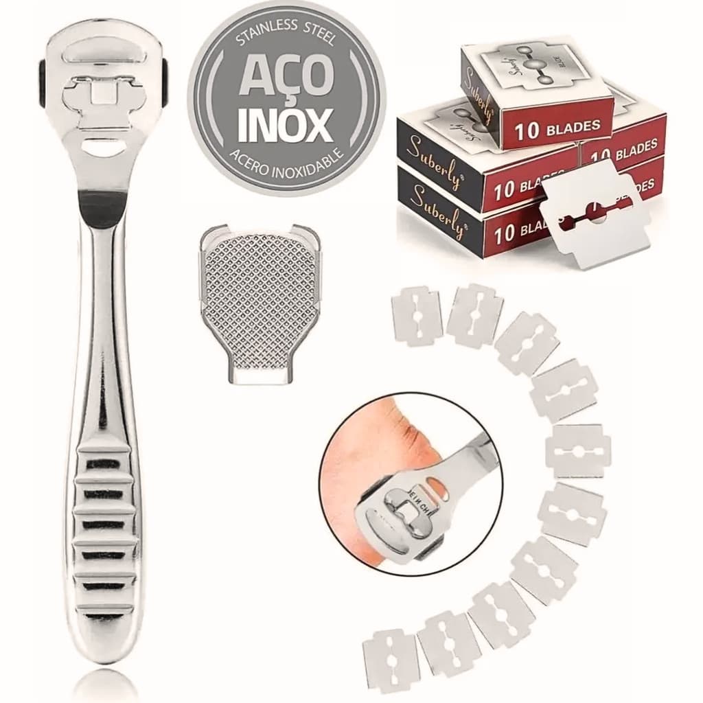 Raspador com 10 Lâminas Extras Removedor de Calos em Aço Inox Profissional Pedicure