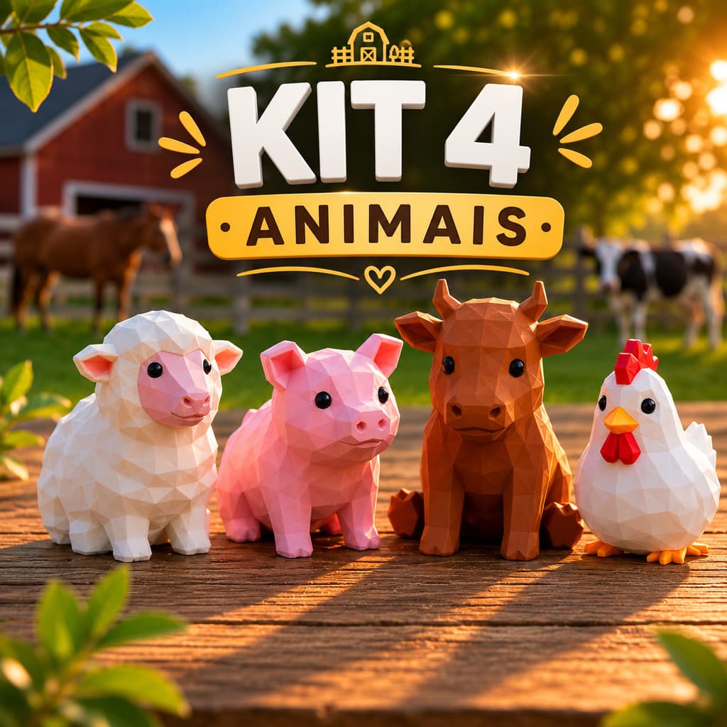Kit 4 Animais de Fazenda Brinquedo Infantil – Ovelha, Porco, Vaca e Galo | Decoração e Colecionável