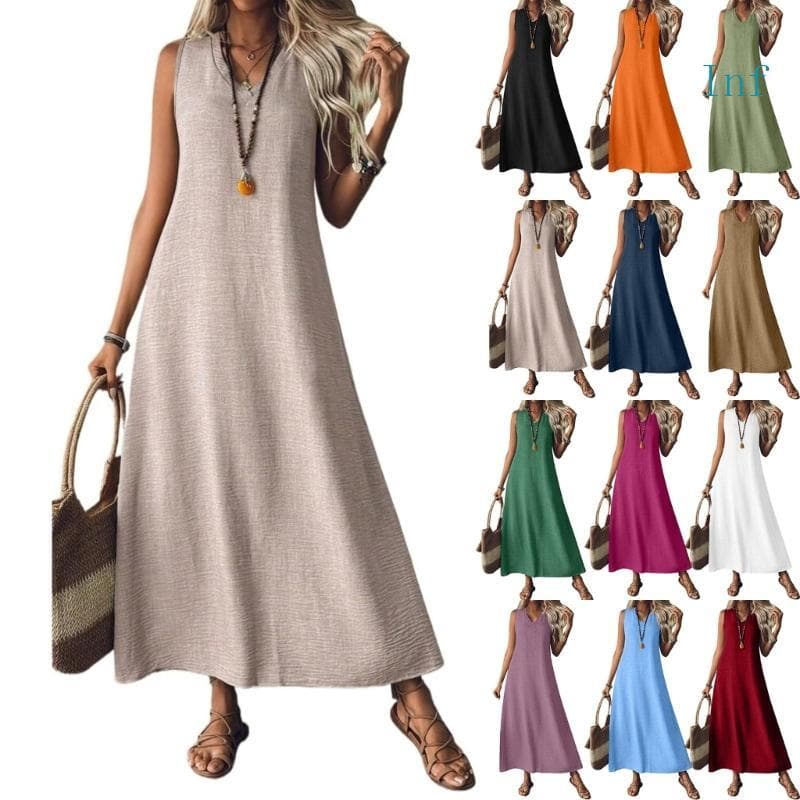 Inf Vestidos Verão Para, Vestido Maxi Linho, Casual, Mangas, Sólido, Longo, Roupas D