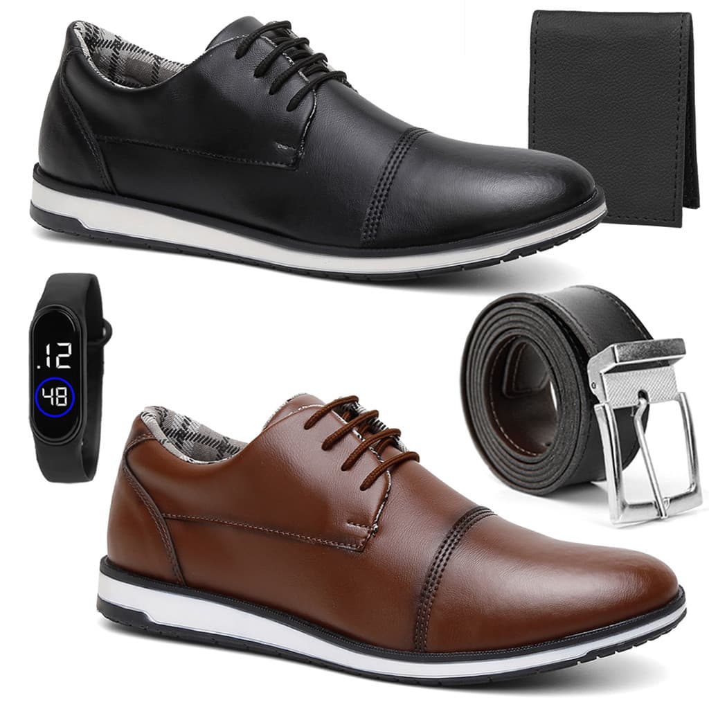 Kit 2 Pares Sapato Social Oxford Masculino Cinto Carteira Relógio Digital Moderno Elegante Confotável Trabalho