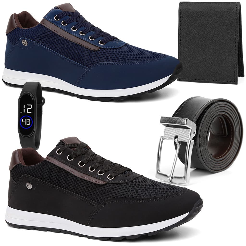 Kit 2 Pares Sapatênis Casual Moderno Masculino Cinto Carteira Relogio Digital Elegante Confortável Dia a Dia