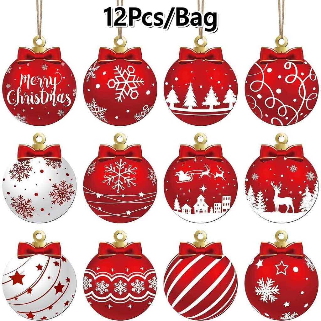 12 Pcs Bola De Natal Pingente Enfeite De Madeira Decorações Penduradas DIY Árvore Decoração Artesanal