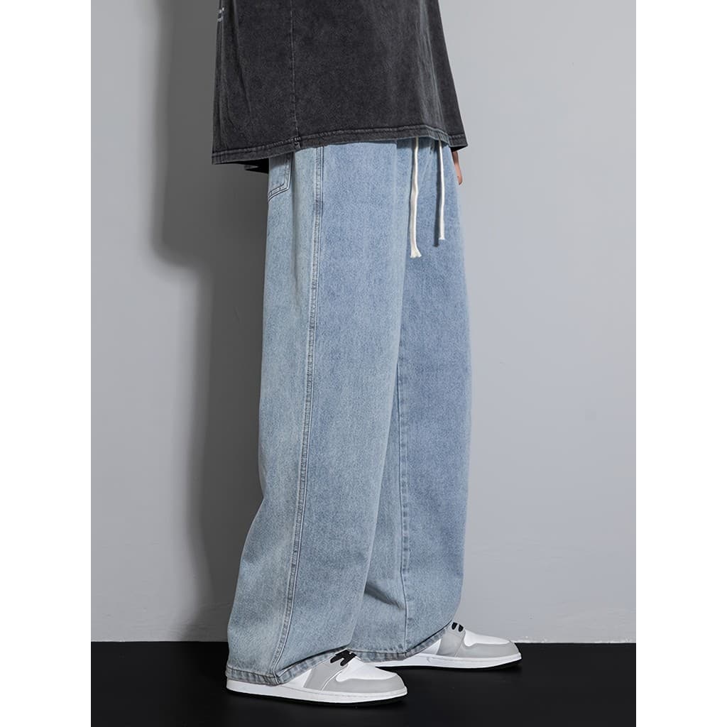 Calça Jeans Masculina de Corte Relaxado, Estilo Hip Hop, Ajuste Solto, Perna Reta e Larga, Resistente, Lavada, Cintura E