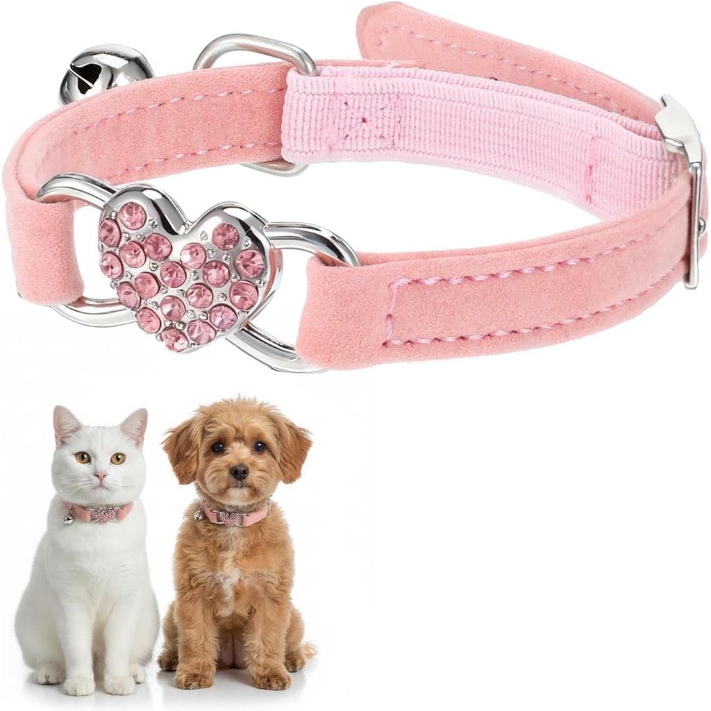 Coleira Ajustável para Gatos, Coleiras para Gatas, Coração com Strass Brilhante, Coleira Rosa para Gatos, Rosa