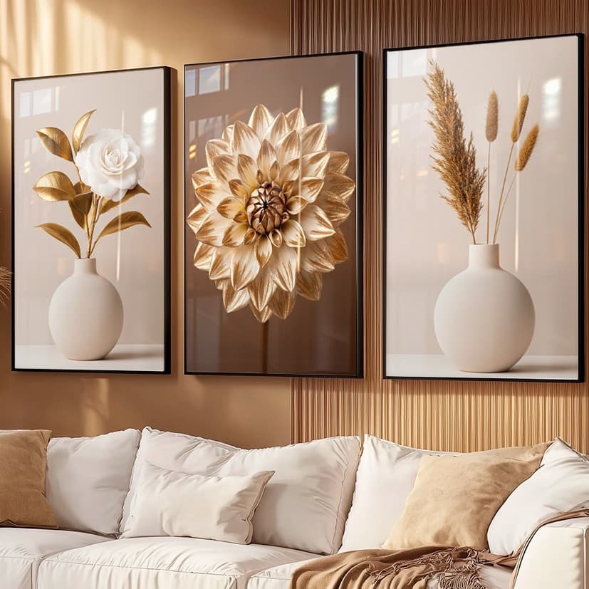 KIT 3 Quadros Decorativos Rosa Ouro Branco Floral Sala de Estar Quarto Decoração de Parede  WT