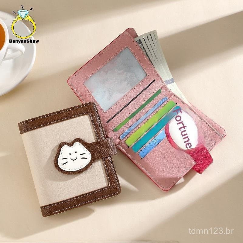 Carteira Curta de Couro PU com Estampa de Gato Fofo, Porta-Cartão de Estudante, Clipe para Dinheiro, Carteira com Fecho