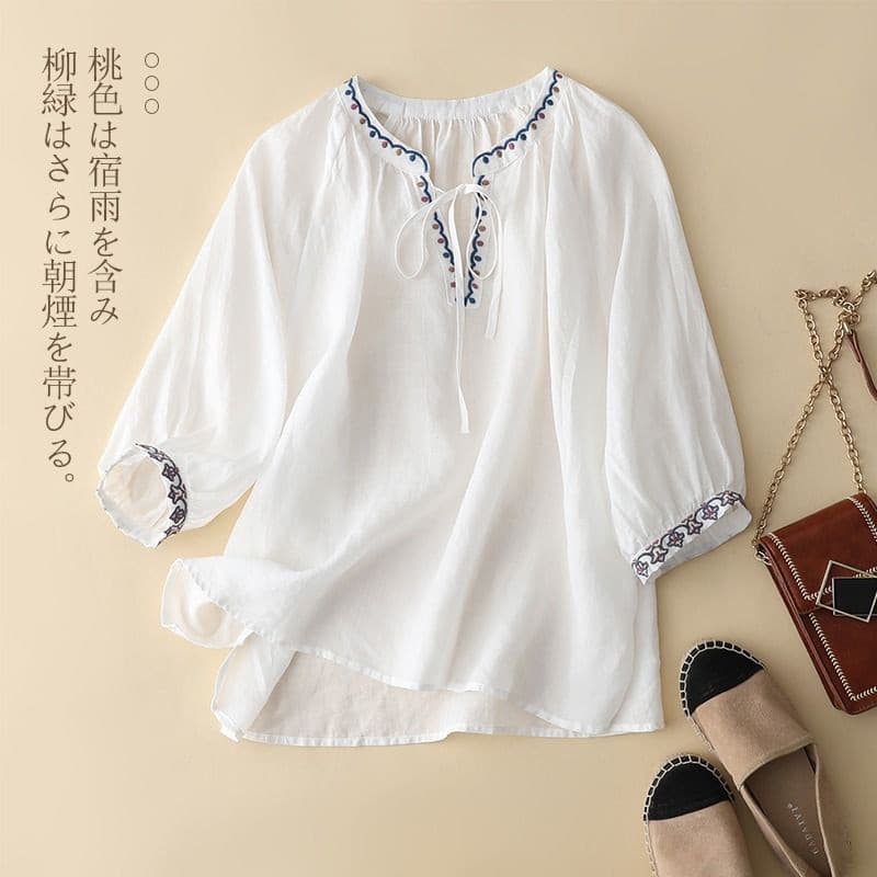 M-3XL 2023 nova camisa feminina original de algodão e linho bordada com decote em V e manga três quartos confortável 123