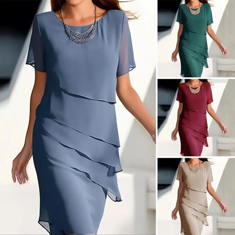 vestido feminino De Verão slim fit Com Painéis De chiffon , Gola Redonda , Mangas Curtas ,