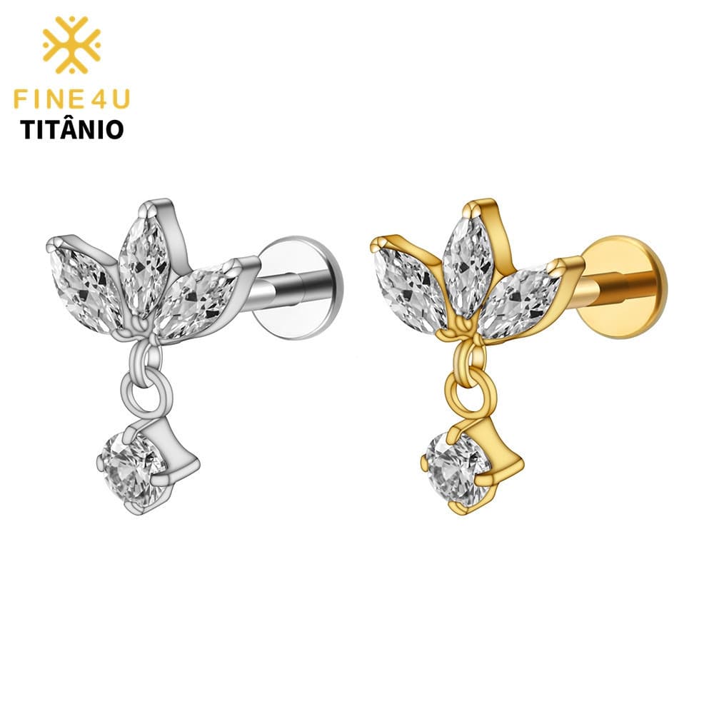 FINE4U 1 °       /2 °       /3 °         Joia de piercing em liga de titânio, com pingente de zircônia floral, adequada