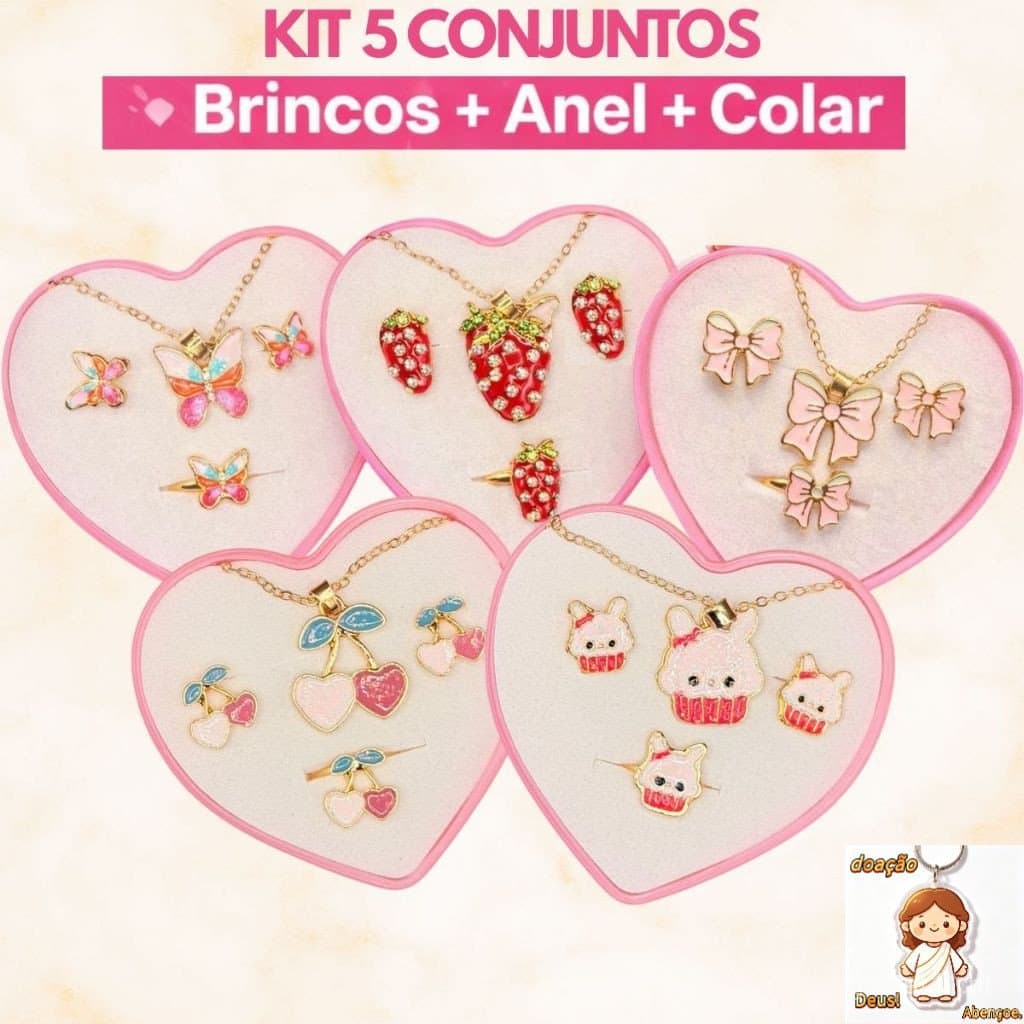 5 Conjuntos Infantil Menina Colar + Brinco + Anel | Kit Presente Criança | Bijuteria Infantil
