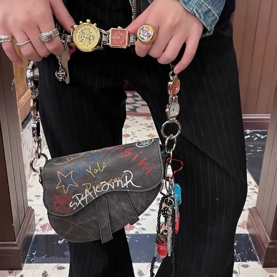 Bolsa bolsa feminina Estranho doce legal pintado à mão Graffiti cavalo fantasma indústria pesada Design saco do mensagei