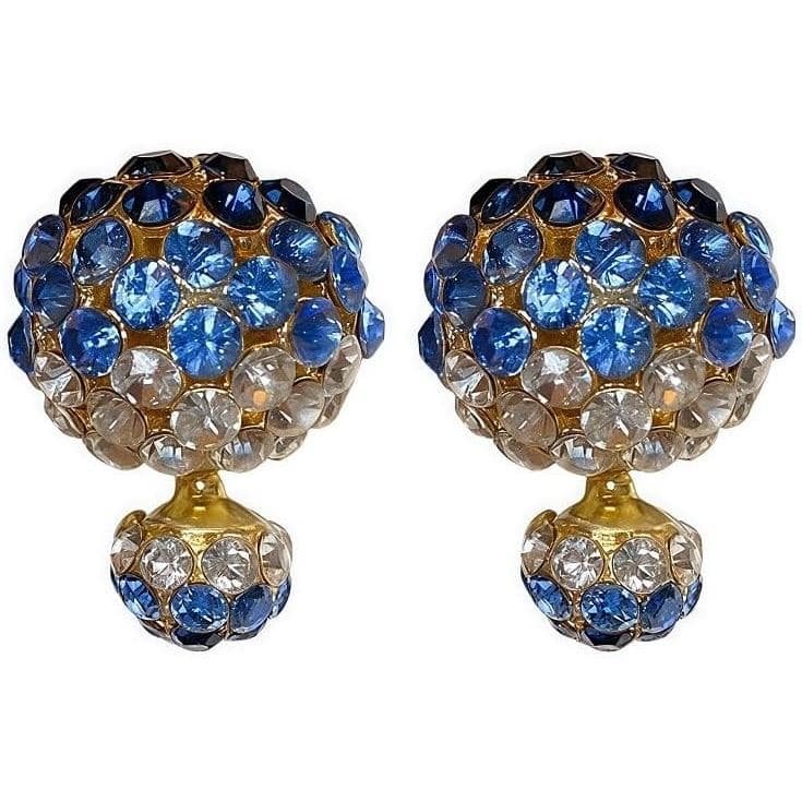 Brincos de Bola de Cristal Dupla Face, Strass Azuis e Transparentes, Tom Dourado