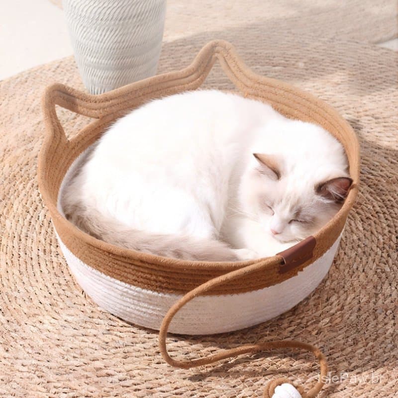 Cama para Gato em Corda de Algodão Trançada |   Ninho Lavável para Gato para Todas as Estações com Bola de Brinquedo