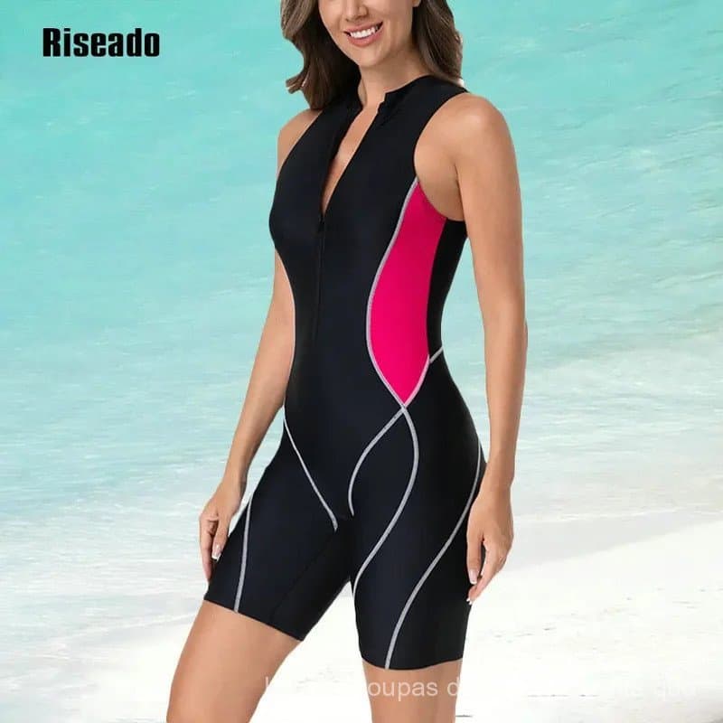 Maiô Esportivo Feminino Riseado Athletic, Modelo Boyleg, Comprimento até o Joelho, Zíper Frontal, Tamanho Grande
