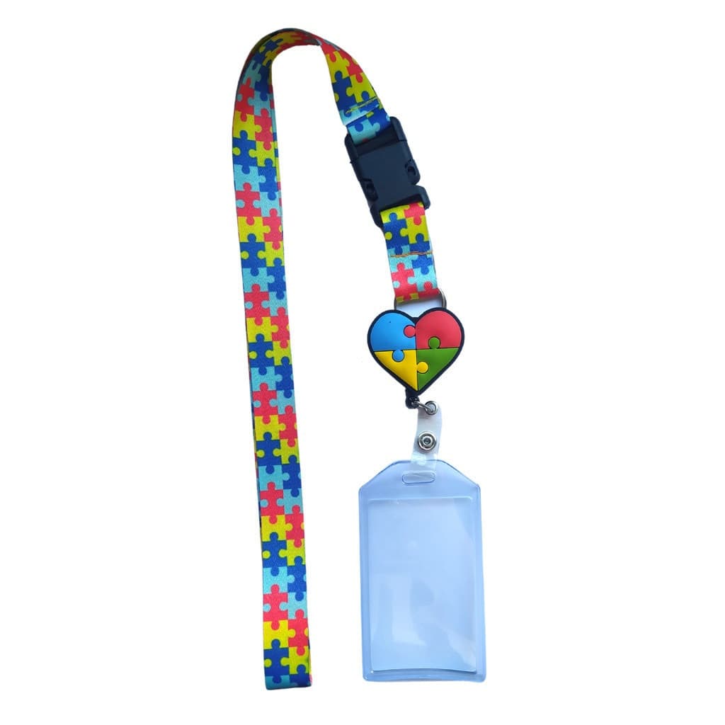Kit Cordão Pescoço Fecho Engate Rápido Autismo Autista Quebra Cabeça + Porta Crachá Retrátil + Porta Cartão Maleável