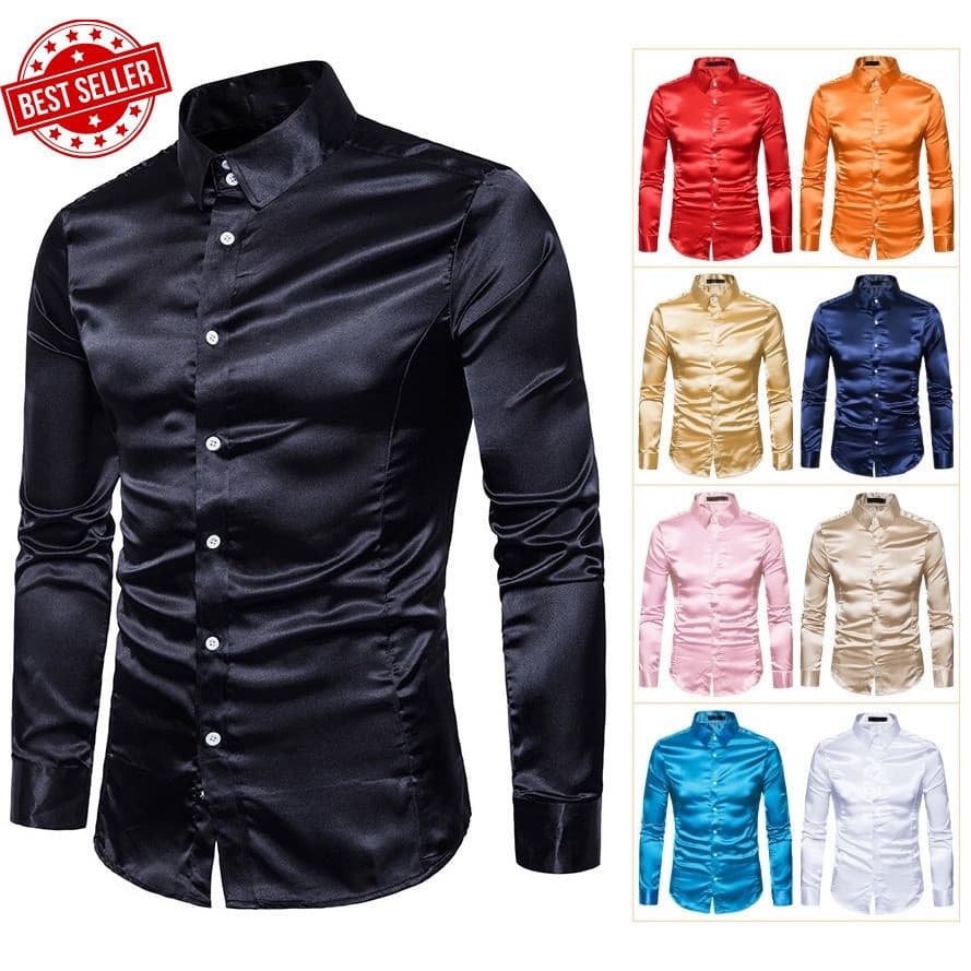 Camisa Masculina de Cetim com Gola Dobrada, Manga Longa, Corte Slim, Cor Sólida, para Ocasiões Formais e Casuais, Casame