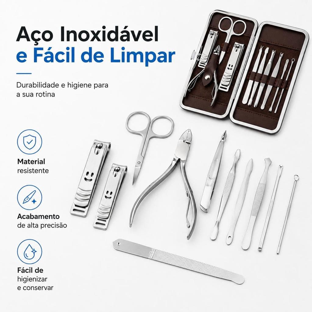 Kit Manicure e Pedicure 12 em 1 em Aço Inoxidável com Estojo Compacto para Unhas, Rosto, Mãos e Pés