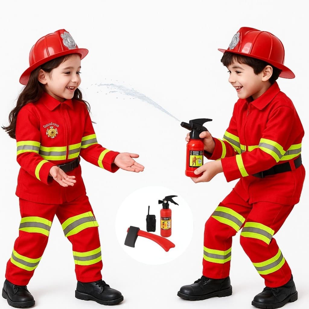 Fantasia de Bombeiro Vermelha Unissex para Crianças + Kit de Brinquedos WIZZ