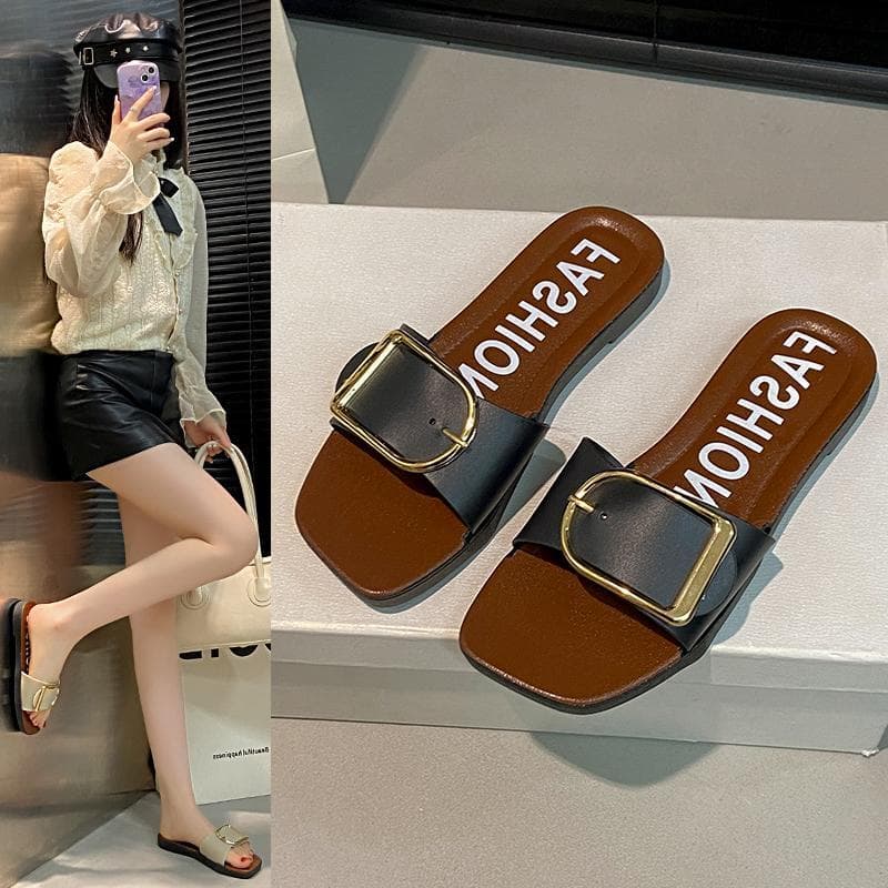 Chinelos franceses femininos verão exterior Wear All-Match novo estilo fivela quadrada D influenciador ins na moda Flip-