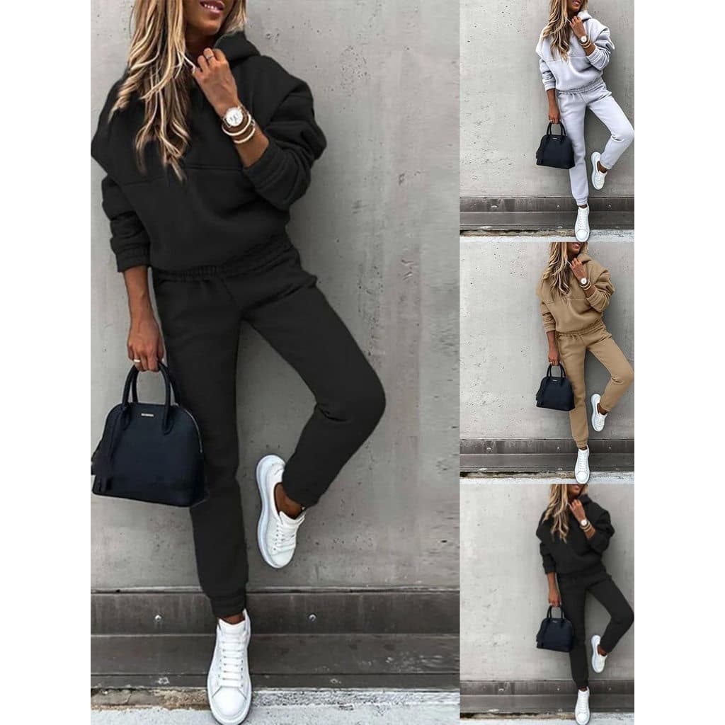 Conjunto De Calças Casuais De Suéter Com Capuz Feminino