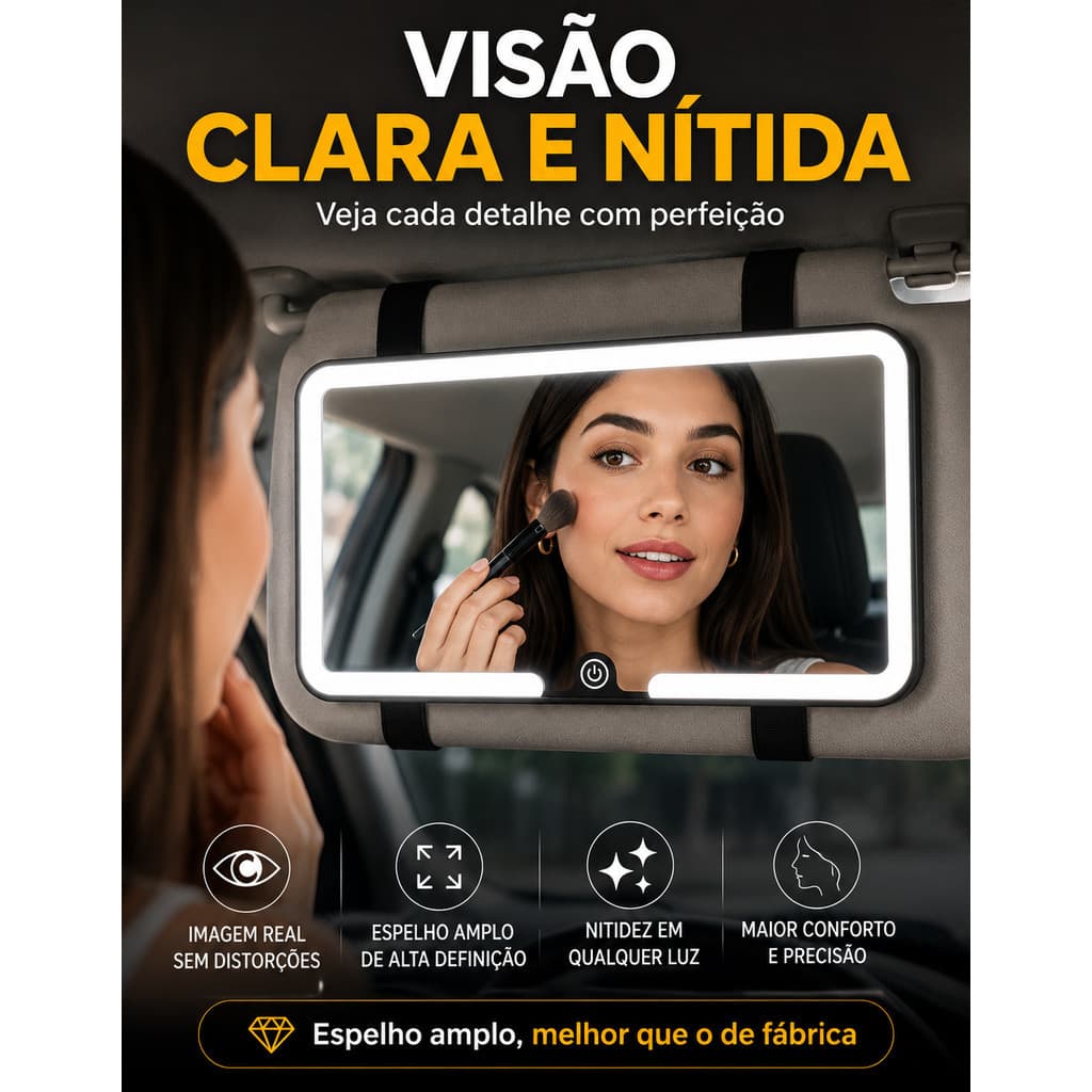 Espelho de Vaidade Carro LED Touch Recarregável 3 Tonalidades Maquiagem Quebra-Sol