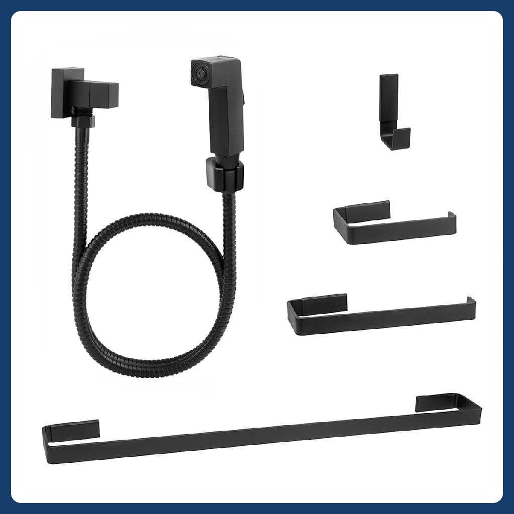 Kit Acessórios Para Banheiro Luxo Preto + Ducha Higienica Quadrada Luxo Preta