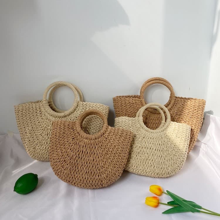 Novo saco de palha tecido corda de papel redondo balde saco simples cor sólida tecido estilo Retro Casual saco de m