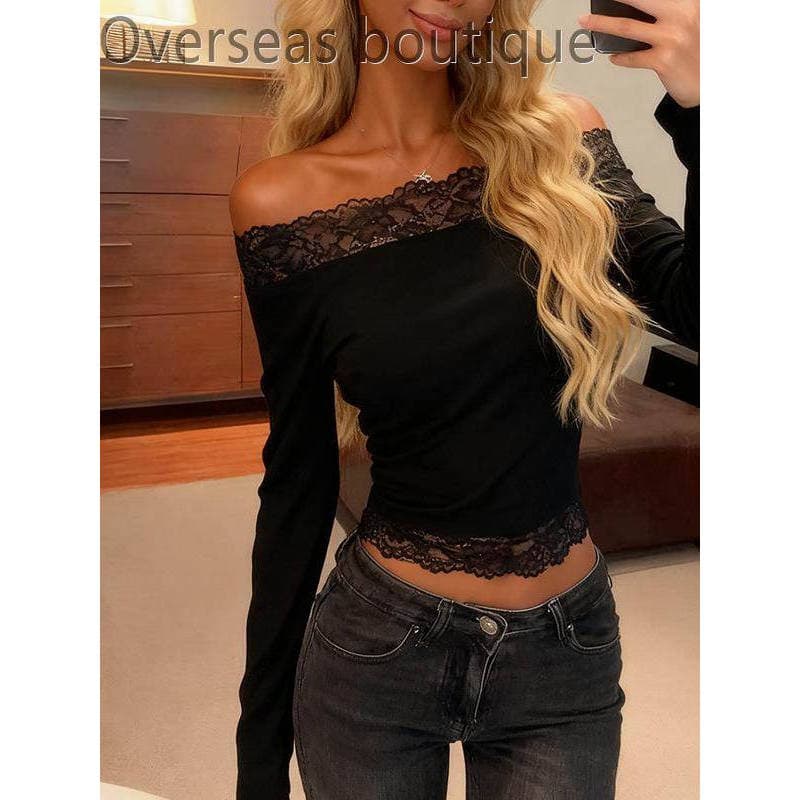 top De Renda De Um Ombro De Manga Comprida Para Menina Quente Mulheres