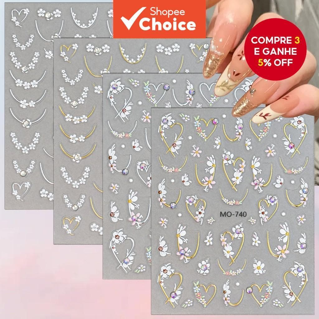 Folhas de Adesivos para Unhas 5D Floral Coração, Decalques de Flores Douradas e Prateadas com Cristal, Decorações