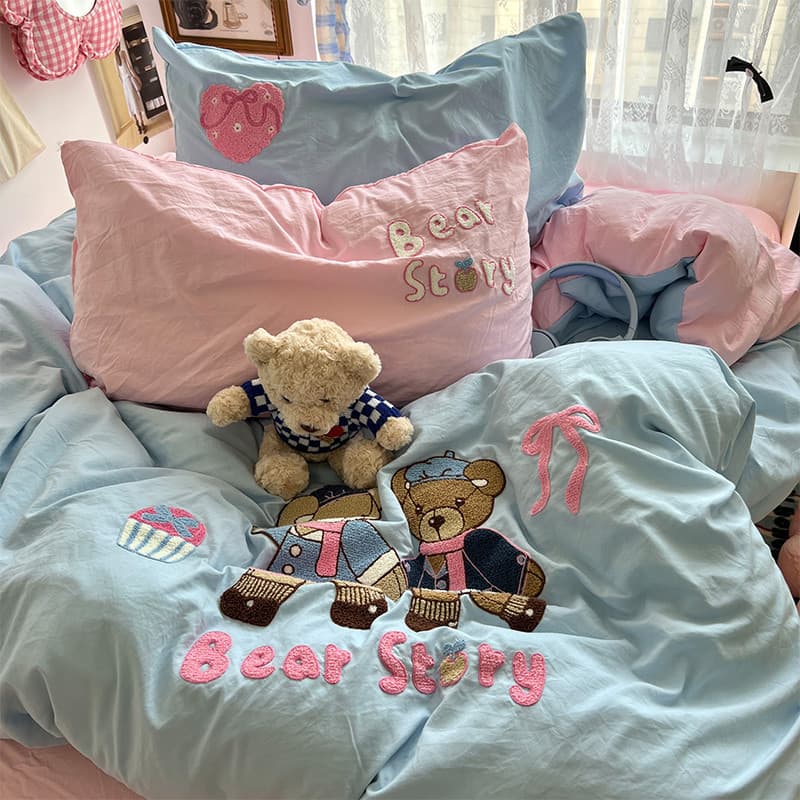 Conjunto de quatro peças de cama de algodão lavado estampado, colcha de algodão puro, dormitório estudantil único, conju