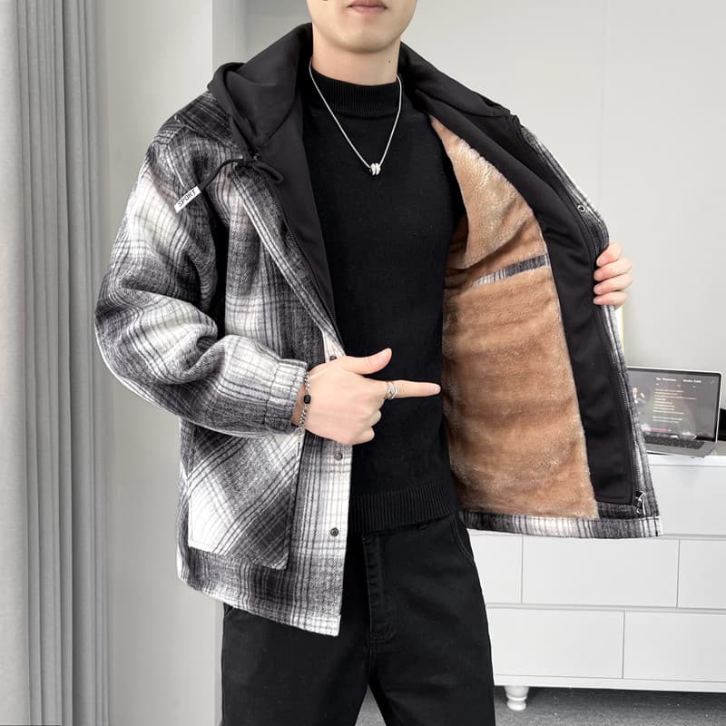 Preto branco xadrez jaqueta de pelúcia masculino inverno com capuz forro de lã engrossado jaqueta solta Retro falso de d