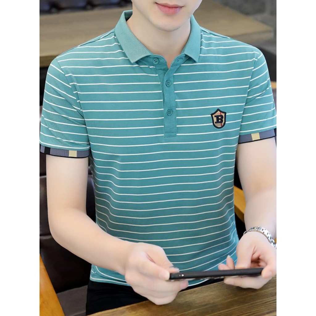 Camiseta masculina listrada de manga curta verão estilo fino juventude novo estilo masculino High-End magro-ajuste inter